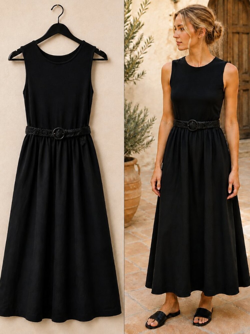 Lark + Grey Black Belted Maxi Dress S Cotton Blend Resort Dinner Travel Cruise